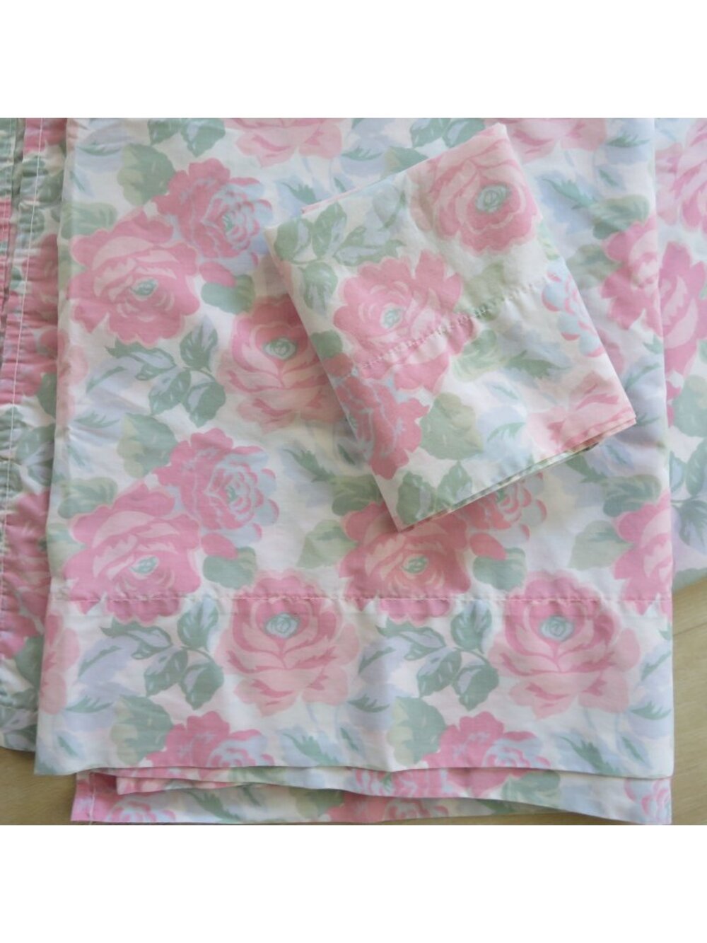 Vintage 70s Stevens Twin Flat Sheet Pillowcase Set Pink Rose Percale Cottagecore